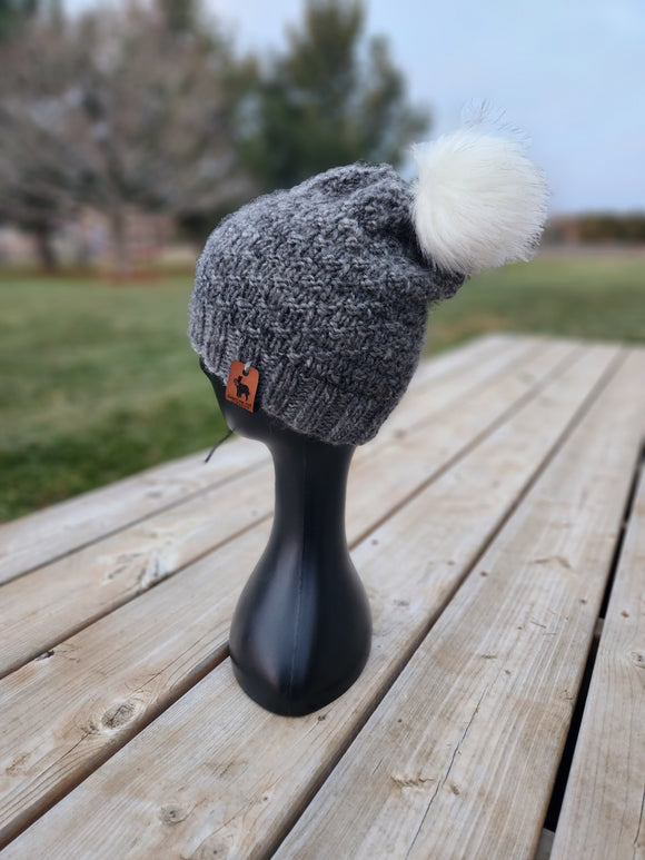Thermal Alpaca Hat with Faux Fur Pom Pom - Gray