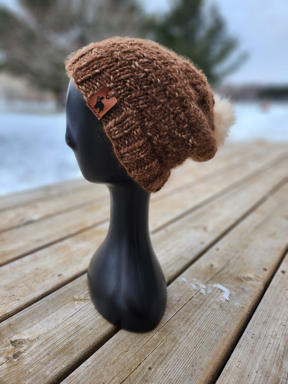 Thermal Alpaca Hat with Pom Pom - Brown with Beige